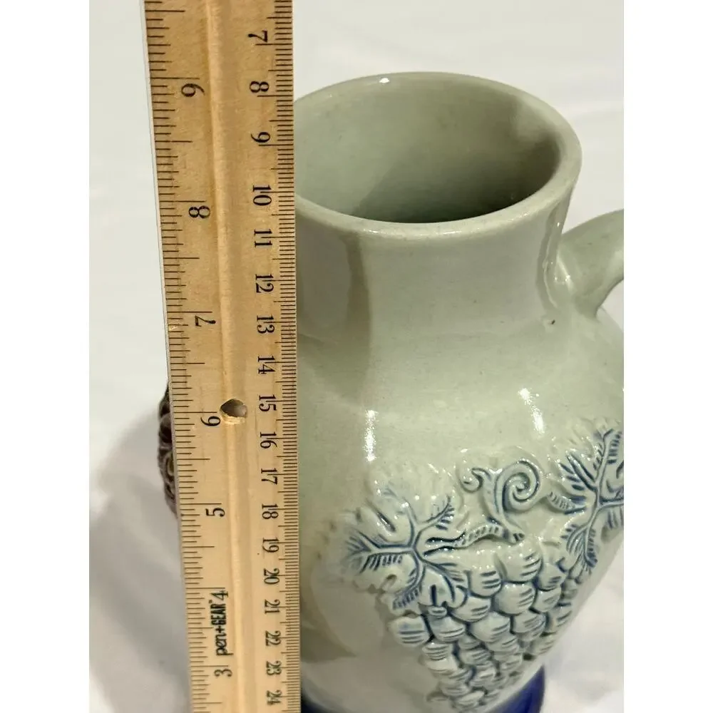Vintage KING Handmade Germany Pottery Pitcher Relief Grapes Blue Base Stoneware